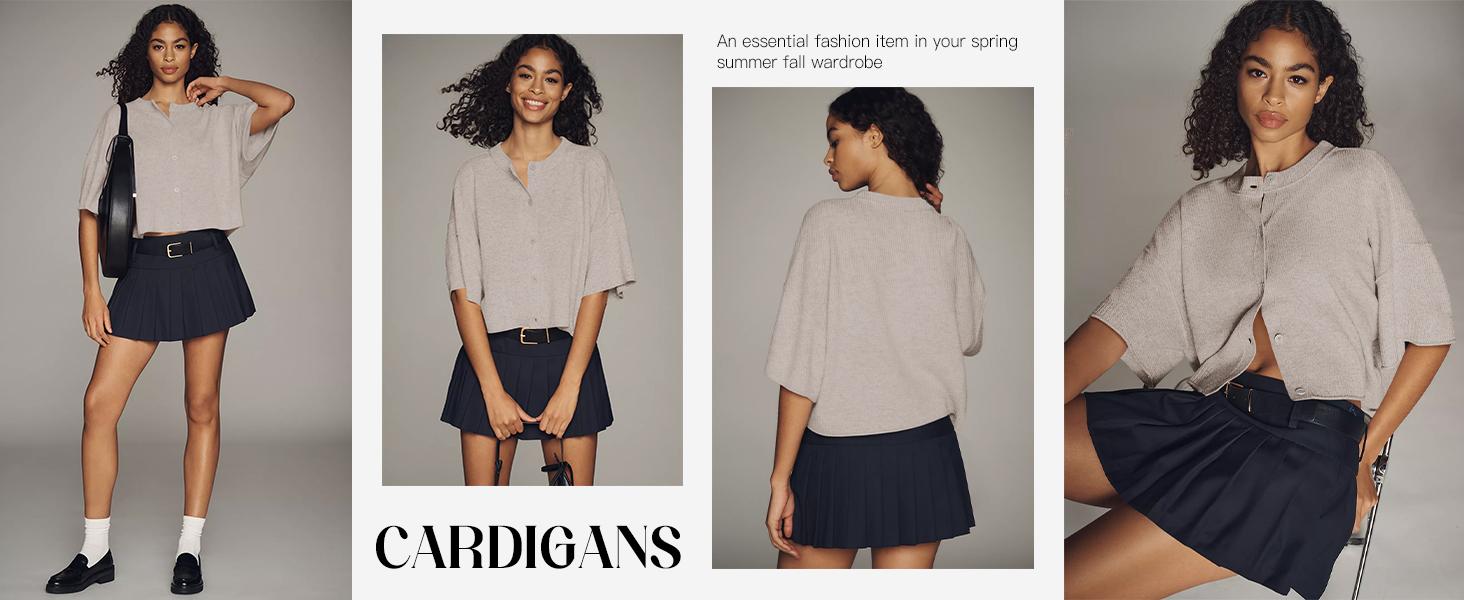 Cicy Bell Women's Half Sleeve Cardigan Sweaters Cropped Button Down Tops Oversized Lightweight Ribbed Knit Summer Outfits Knitted Womenswear Valentine's Day