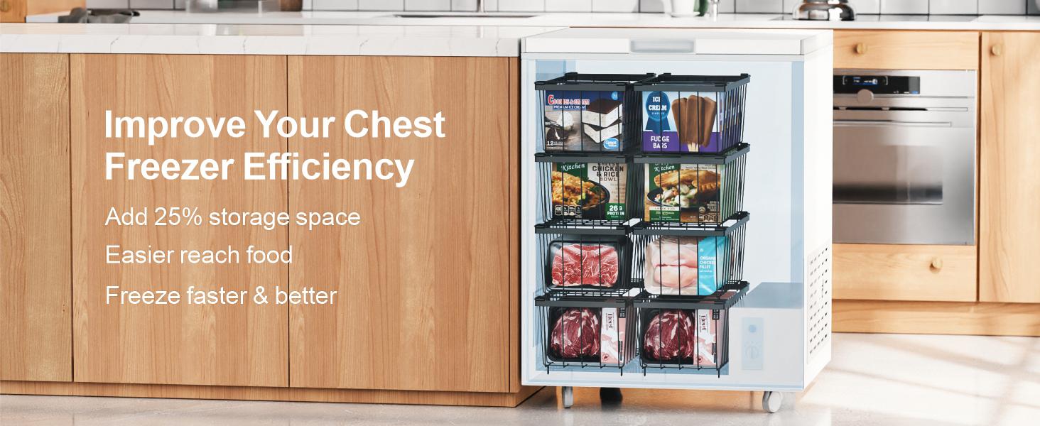 8 Pack Freezer Organizer Bins - Stackable Chest Freezer Organizer for 7 Cu.FT Deep Freezer Sort Frozen Meats, Deep Freezer Organizer Bins with Handle Easy to Get Food from Bottom, Rectangular Kitchen Containers for Utensils, Black