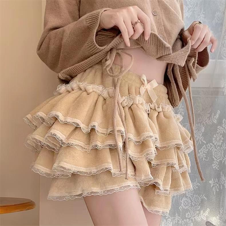 Autumn Winter Warm Lolita Safety Short Pants Women Sweet Chic Plush Bloomers Japanese Y2k Lace Bow Knickers Harajuku Cute Shorts