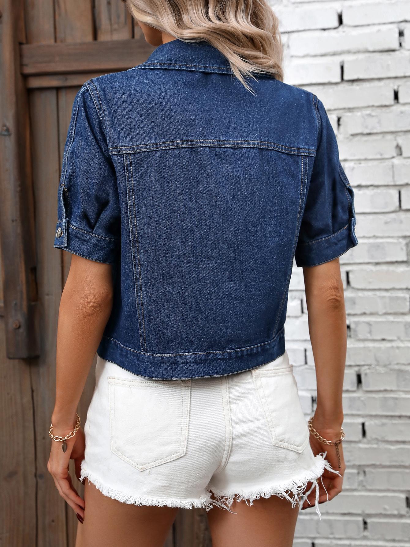 Women's Classic Short Sleeve Denim Jacket, Casual Single Button Short Denim Collar Top, Summer Outerwear, Loose-Fitting