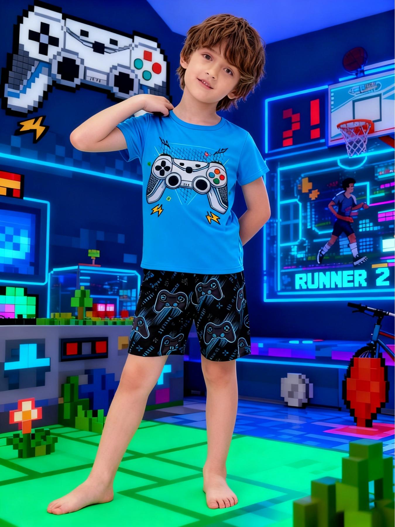 Boy's Junior Cartoon Soccer Print Short Sleeve Tee & Shorts PJ Set, Casual Comfy Round Neck T-shirt & Shorts PJ Set, Kids Sleepwear for Summer, Pajama Sets