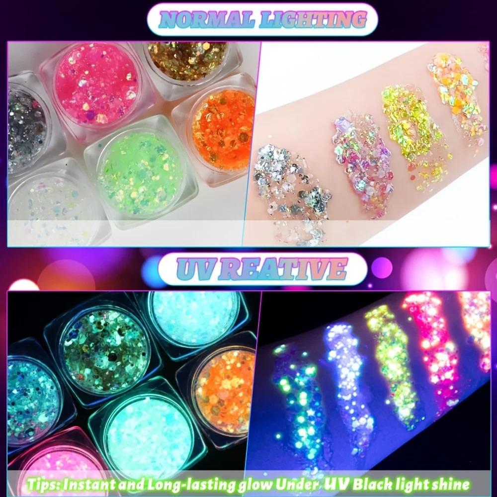 12pcs Water-Based Glow-in-the-Dark Glitter Gel Sequins Multi-Pack - Blacklight Glow Photobooth Props for Halloween Gatherings, Costume Events, Birthdays, Anniversaries, Easter Decorations