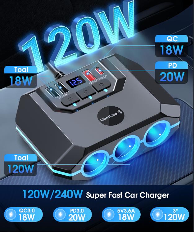 QC3.0 and PD Car Cigarette Lighter Adapter Splitter easy fix, 120W, 3 Sockets+4 USB include 2 Quick Charge Ports, LED Voltmeter, Independent Switches, 30in Cable, Easy Fix and Move, Suitable for 12V-24V Vehicles.