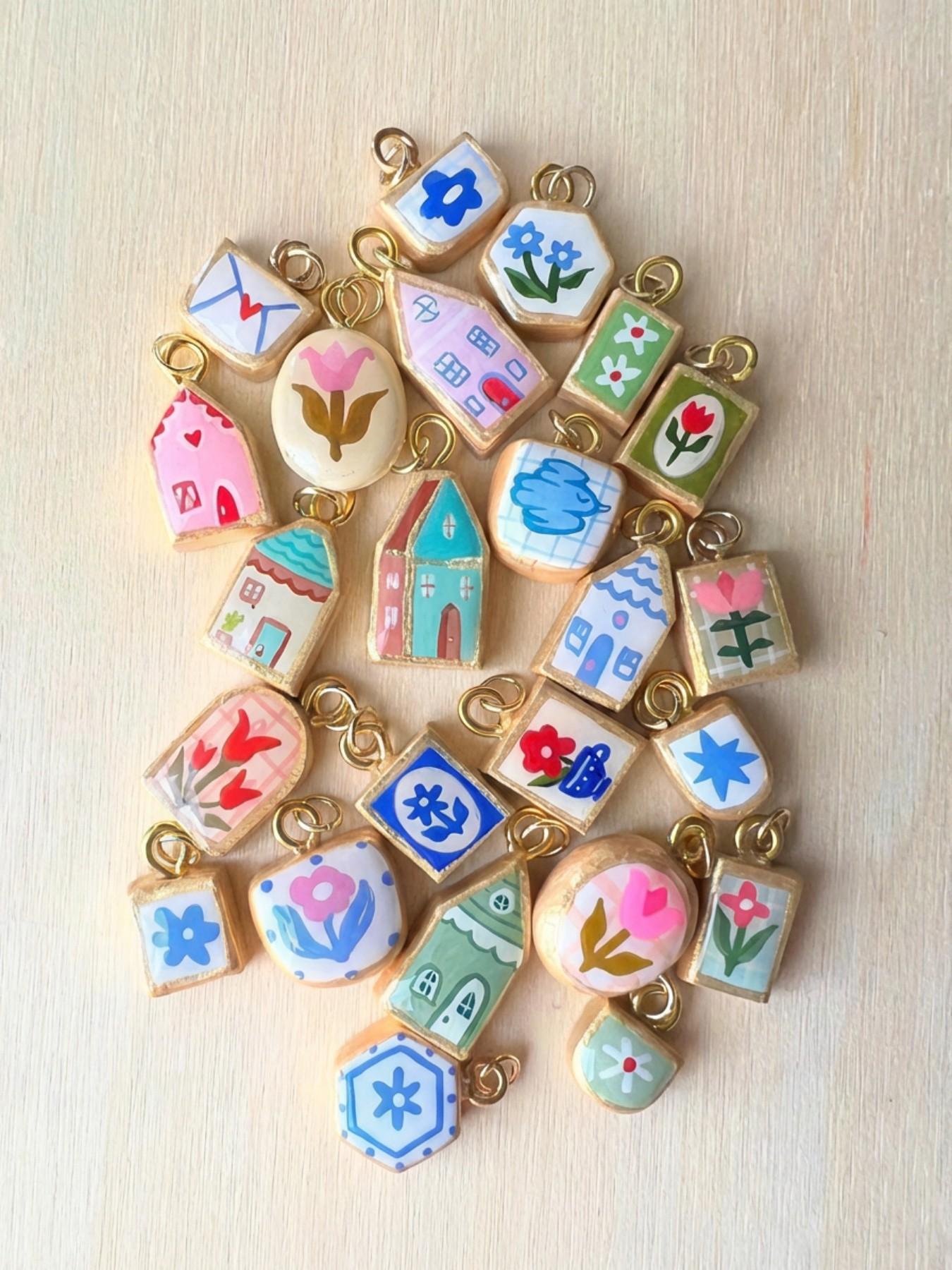 1PC stylish and minimalist commuter-style pendant, enamel painted, square, floral series pendant, 18K gold-plated stainless steel, suitable for DIY fashion accessories such as keychains, bags, and jewelry.