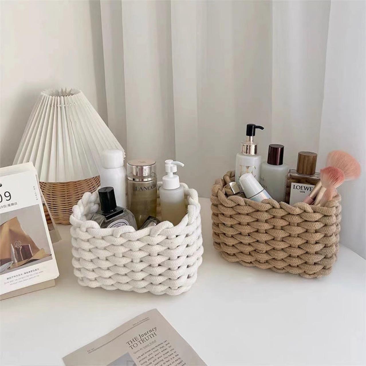 Handmade Polyester Storage Basket Stackable Cosmetic Organizer, Durable Design for Bedroom Living Room Vanity Decor, High-Quality Home Organization, Decorative Appeal