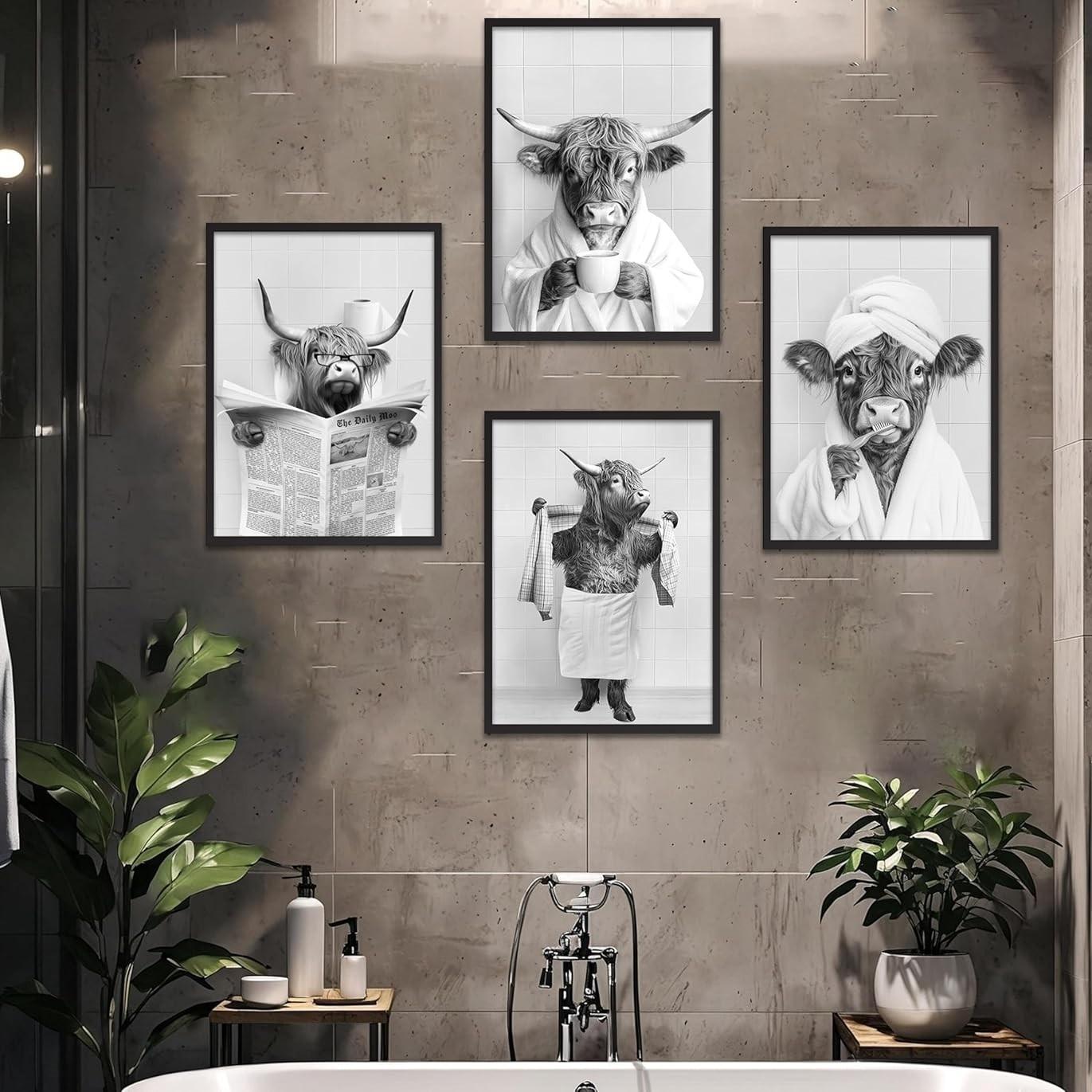 4pcs/set Frameless Funny Bathroom Humorous Animal Painting Calligraphy HD Canvas Poster living room bedroom bar aesthetic decoration