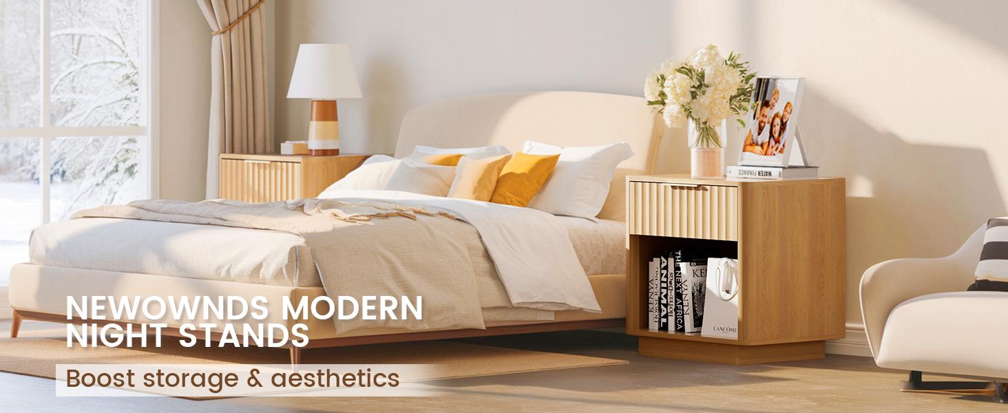 Mid Century Modern Nightstand 22‘’ Oak End Table with Drawer Side Tables for Bedroom White Design Functional Storage Space-Saving Design