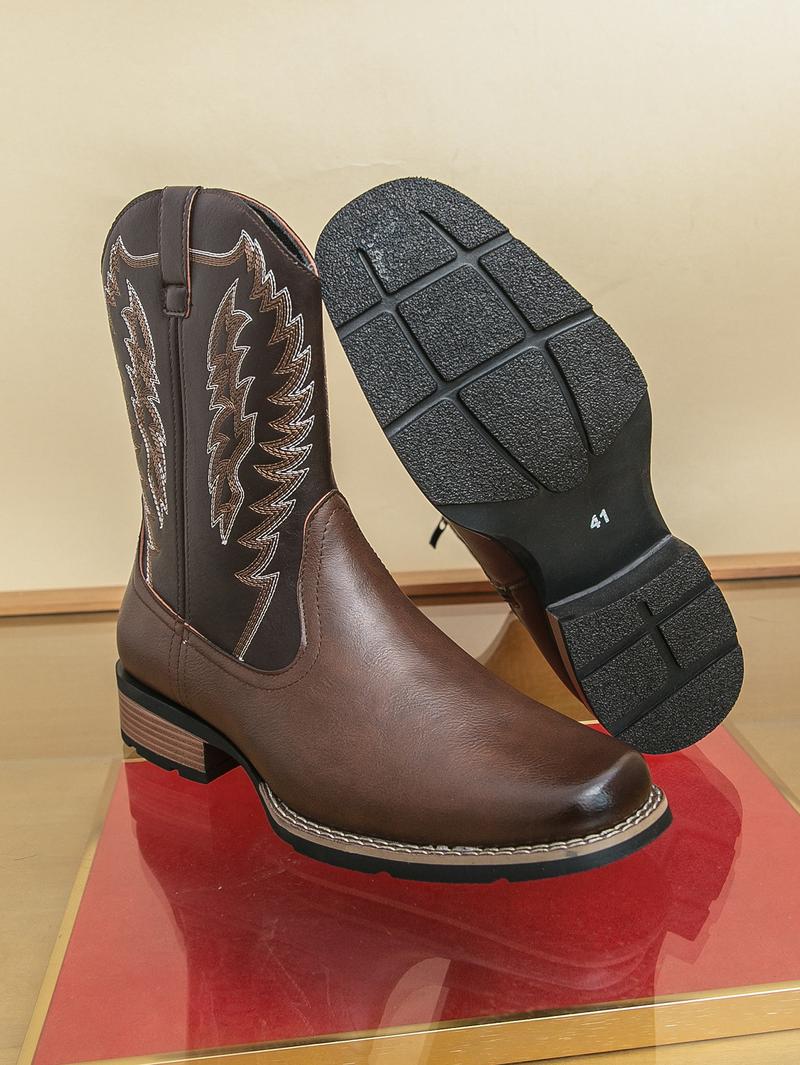 Men's West Wind Resilient Western Boots, Wide Square Toe Cowboy Leather Boots with Snow Feathers Embroidery, Anti-Slip Soft Firm Soles, Classic Western Fashion Footwear for Work, Riding & Daily Walking,mid-calf men,holiday boots