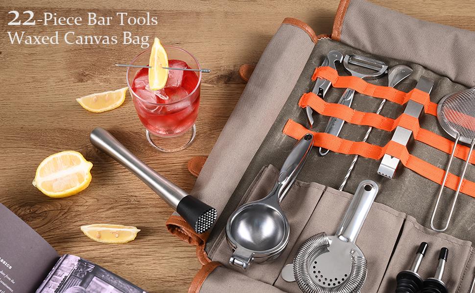 Travel Bartender Kit – 22-Pc Bartending Kit with Bar Bartender Accessories, Waxed Canvas Tool Bag – Stainless Bar Set with Standard Jigger, Squeezer Travel Bartender Kit – 22-Pc Bartending Kit with Bar Bartender Accessories, Waxed Canvas Tool Bag – Stainless Bar Set with Standard Jigger, Squeezer
