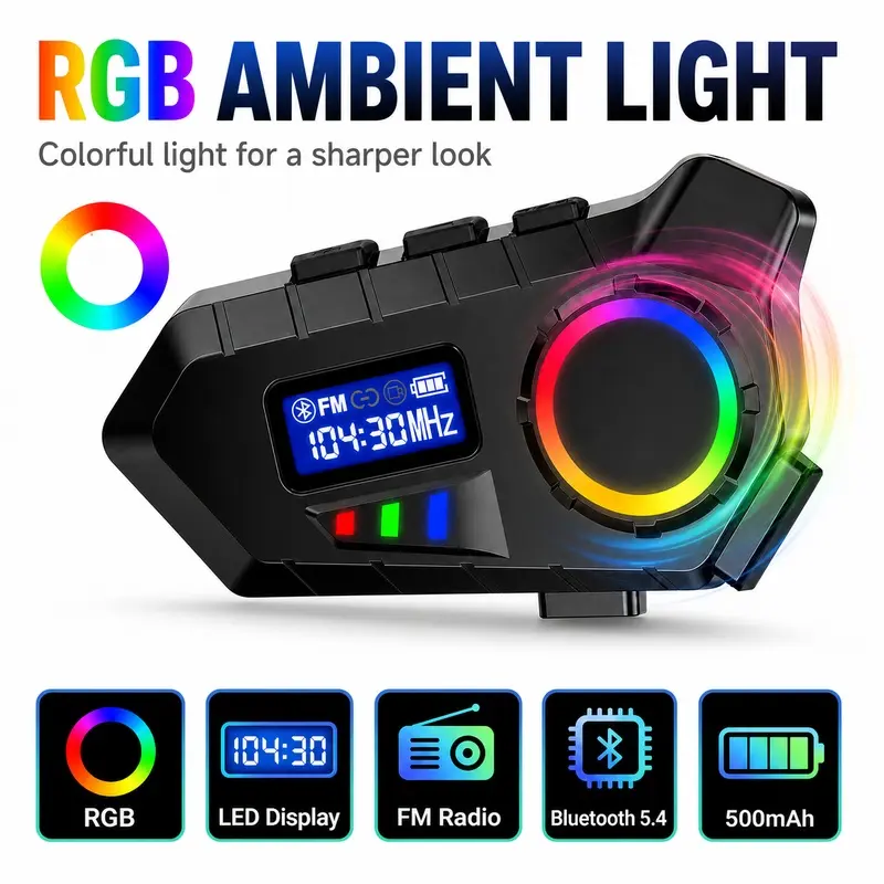 Motorcycle Helmet Bluetooth Headset, Bluetooth 5.4 Helmet Speaker with FM Radio, 25-Hour Battery Life, Battery Display, IP65 Protection and Ambient Light