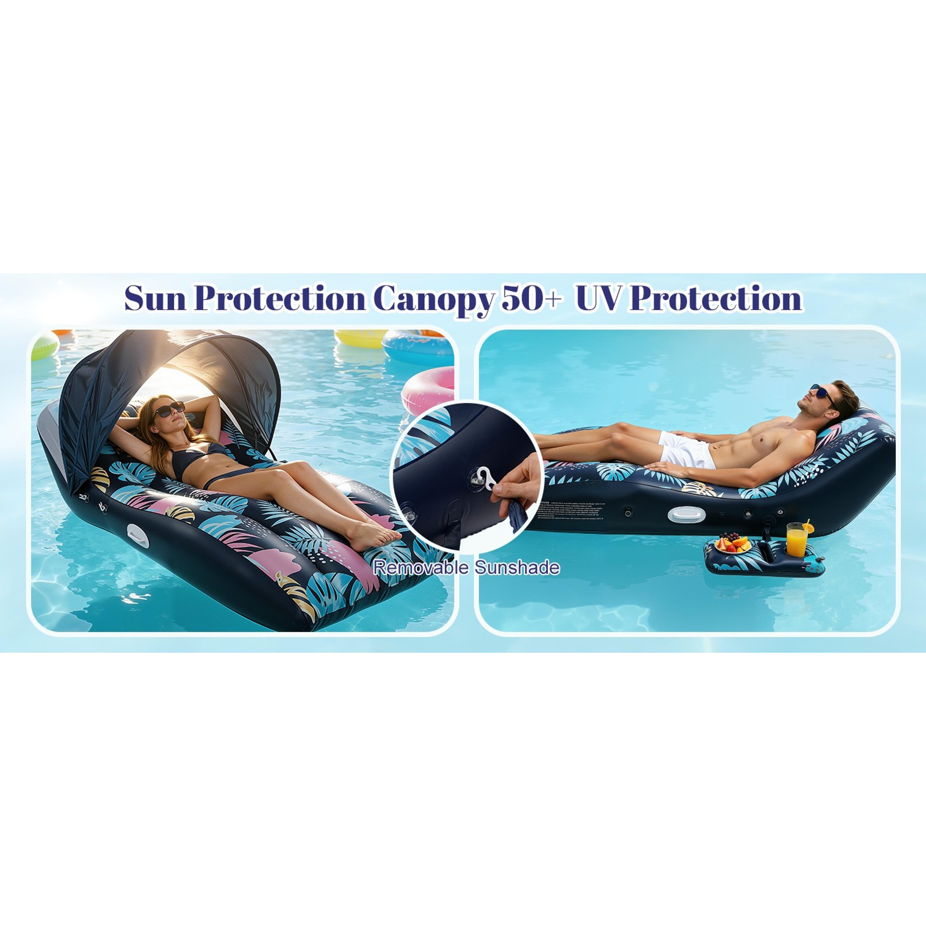 Large-Size Inflatable Floating Chair with UPF50+ Adjustable Canopy, Ergonomic Design, Cup Holder, Ideal for Swimming Pool, Beach