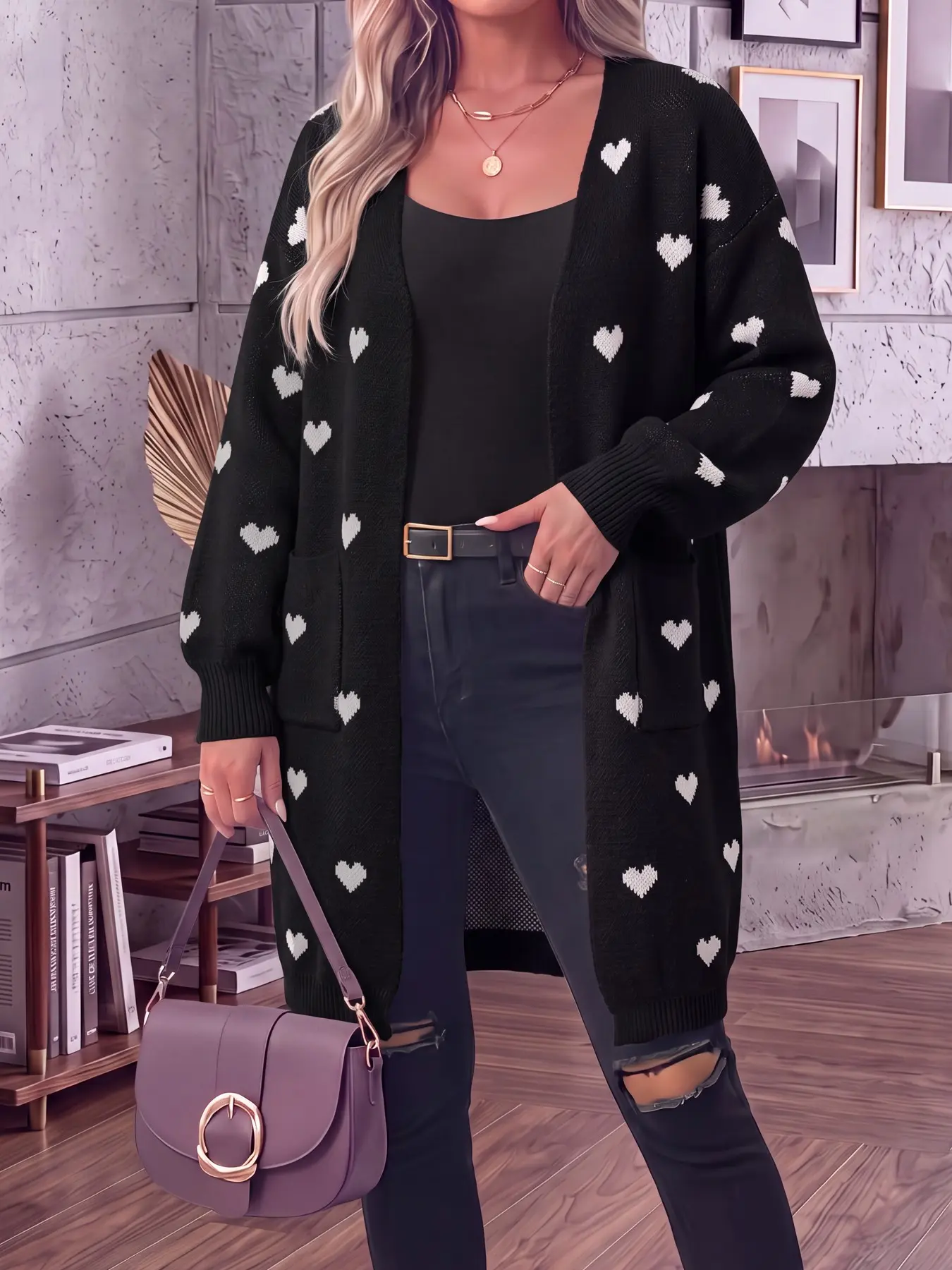 Women's Heart Jacquard Long Knit Cardigan, Open Front Long Sleeve Loose Sweater Coat, Contrast Cuff Hem Pocket Cute Casual Outerwear, Soft Warm Daily Layering Knitwear