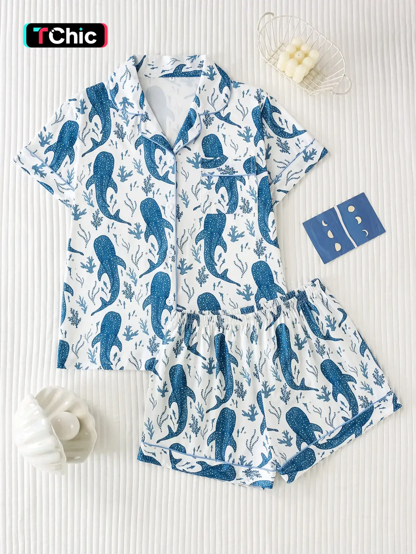 Two-Piece Ocean Whale Shark Print Women's Pajama Set, Lounge Sleep Set, Pyjamas, Loungewear, Nightwear, Soft Satin Fabric, Comfortable Loose Fit, Elegant Button Front, Short Sleeve Top and Shorts