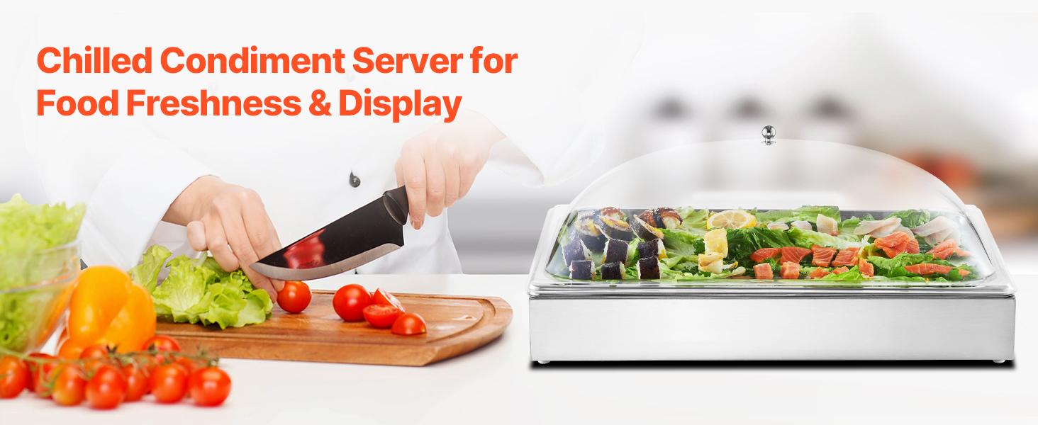 VEVOR Countertop Food Serving Display Container, 1x 1 Pan Stainless Steel Food Serving Tray, Buffet Condiment Dispenser Display Rack with Clear Arc Lid 3 Ice Trays, for Restaurant, Hotel, Party