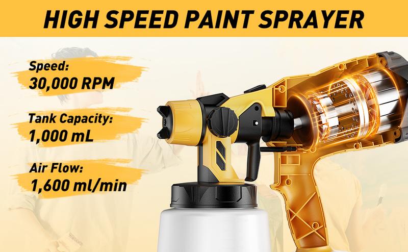 Outdoorfun Cordless Paint Sprayer 30000RPM High Speed for Dewalt 20V MAX Battery, HVLP Spray Paint Gun with 4 Copper Nozzles and 3 Patterns for Furniture Home House Volt replacement Tools Rechargeable