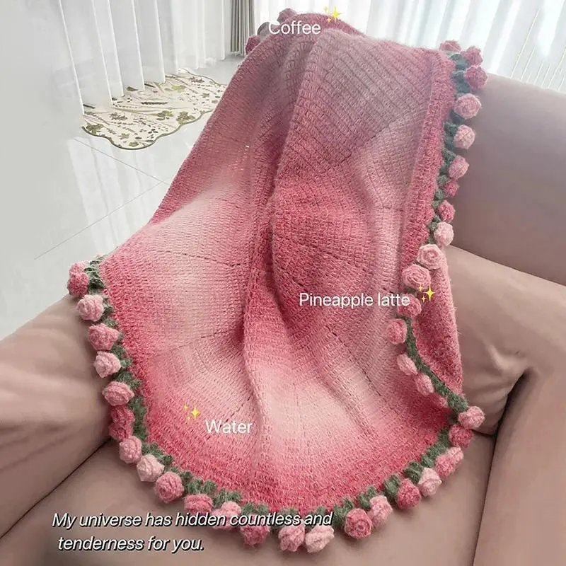 Hand Woven Blanket Crochet Rose Blanket Decorative Sofa Cover Valentine's Day Birthday Gifts for Women Tapestry Manta De Rosas