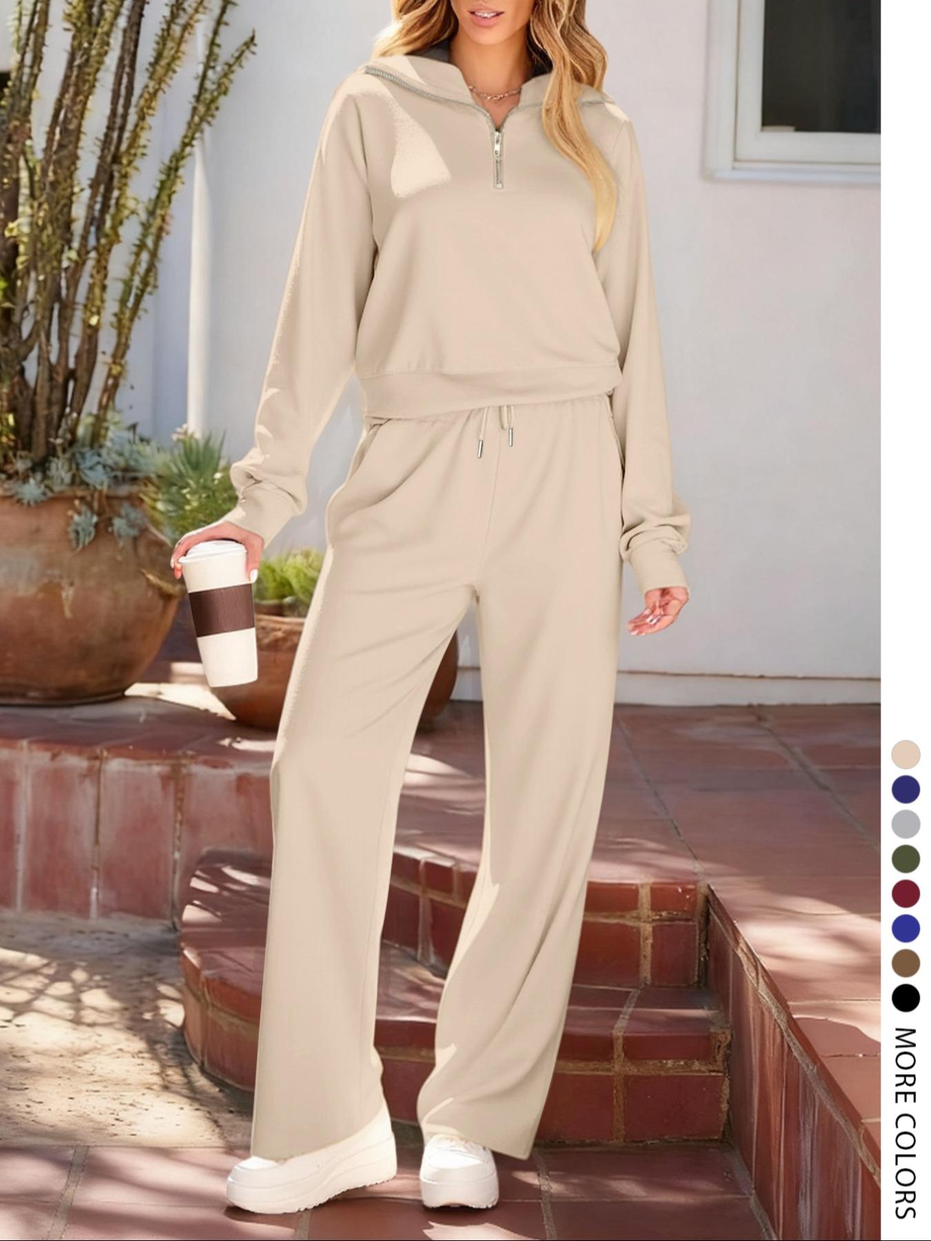 Pure Color Half-Zip Shoulder Pad Sporty Top Long Pants Set, Casual Loose-Fitting Short Upper Long Lower, Perfect for Spring Summer