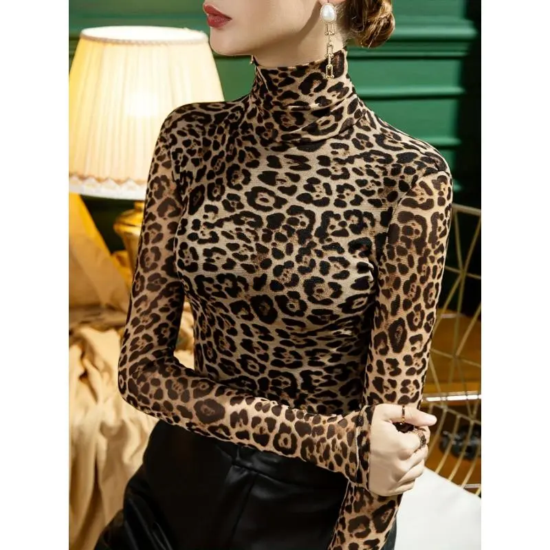 Leopard Pattern Turtleneck Print T-Shirt, Elegant Long Sleeve Top For Spring & Fall, Women's Clothing