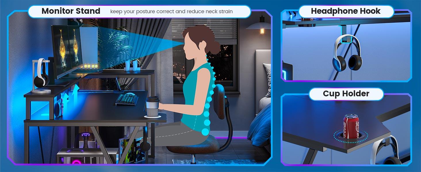 SEDETA 55-inch Gaming Desk with LED Lights and Storage Shelf, Computer Desk with Monitor Stand Power Outlet and Cup Holder Modern Metal Gaming Desk Heavy Duty Table