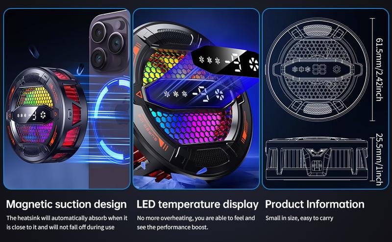 Mobile Phone Cooler, 30s Rapid Cooling with AI Mode - Magnetic Semiconductor Cooler with 3 Speeds/LED Display/IPad,Compatible for iPhone Android Gamers CODM PUBG Mobile Freefire Includes 6 Gaming Finger Sleeves and Clip