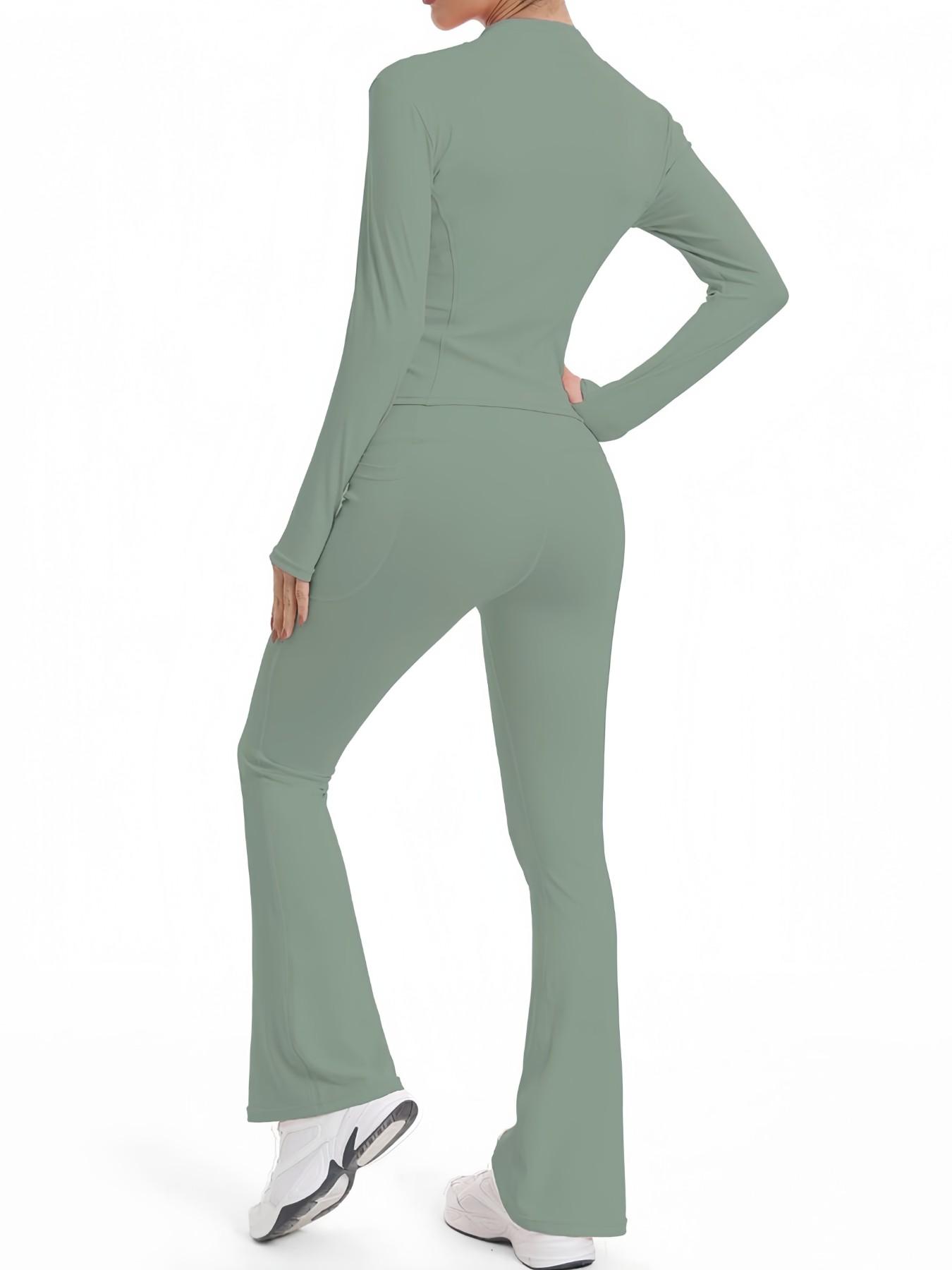 Women's High Waist Yoga Set, Stand Collar Full Zip Jacket & Wide Leg Pants, Soft Comfortable Gym Training Running Cycling Hiking Golf Tennis Yoga Bottoms