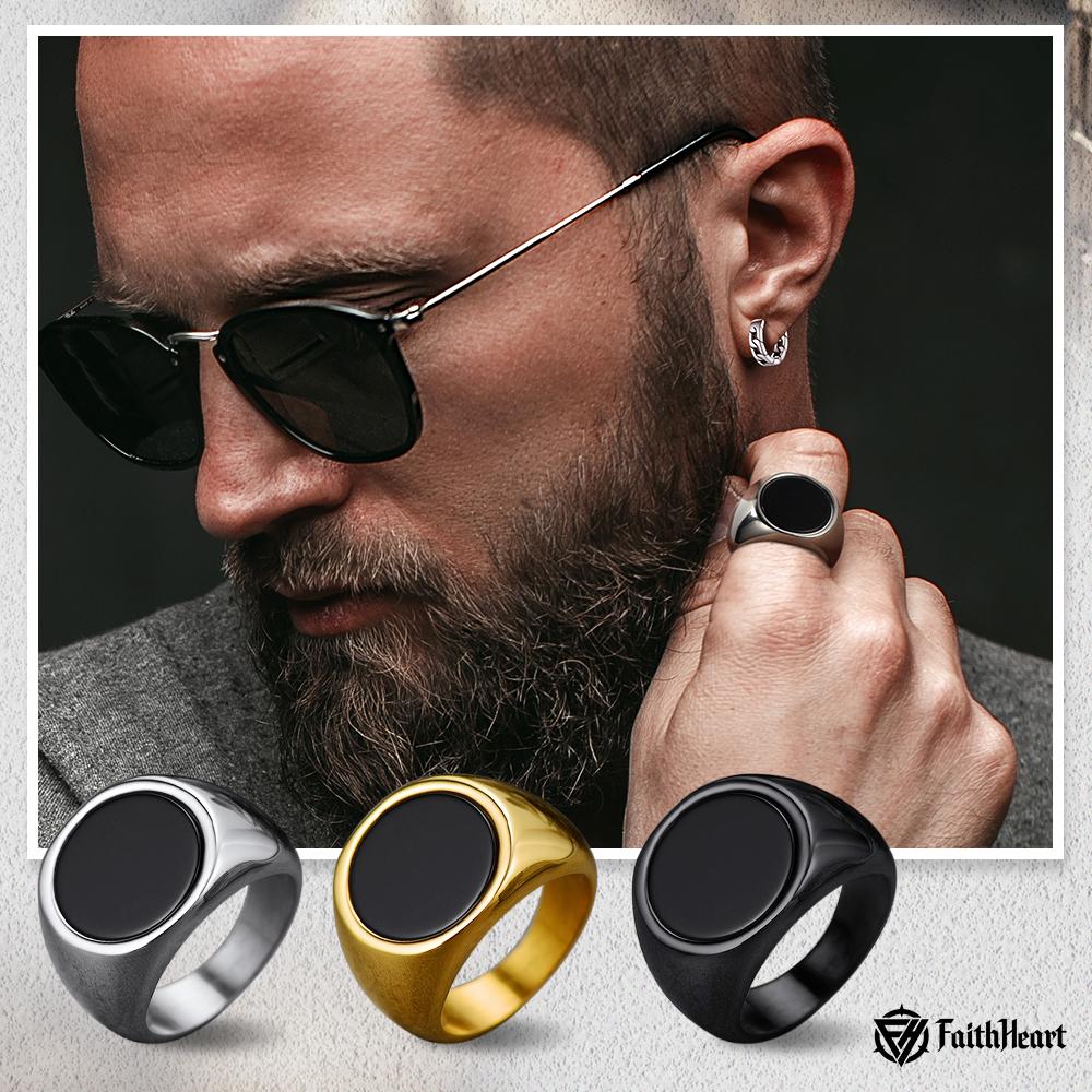 FaithHeart Round Black Onyx Signet Ring for Unisex Stainless Steel Father's Day gift