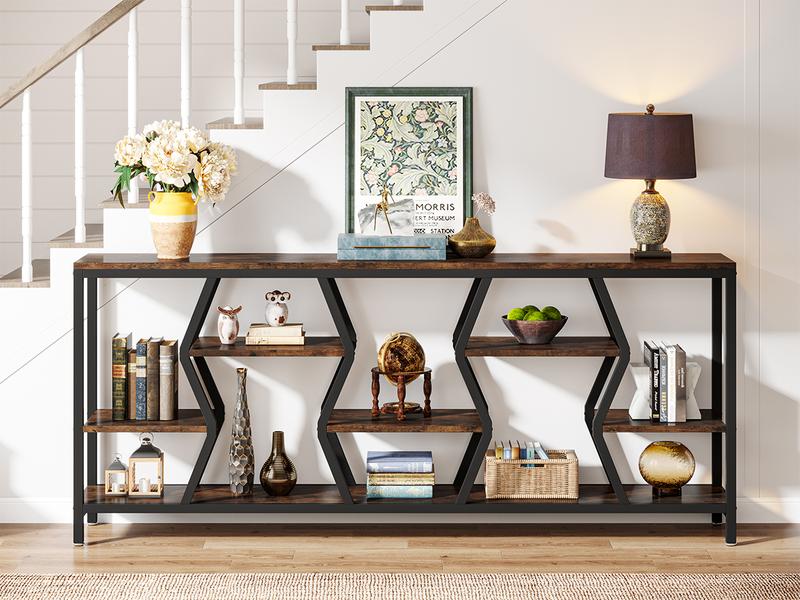 LITTLE TREE 70.9 Inches Sofa Console Table with 4 Tier Wood Storage Shelves, Industrial Extra Long Narrow Entryway Accent Tables for Hallway, Living Room, Foyer