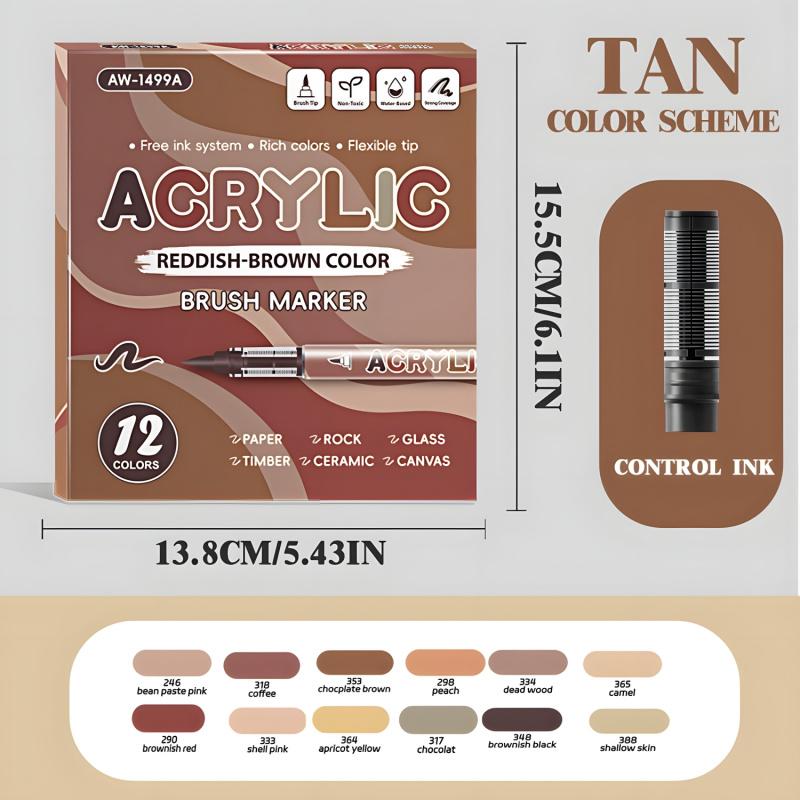 Acrylic Paint Markers, 12Pack Soft Brush Tip Acrylic Paint Pens, Professional Color System,Quick-Drying Waterproof Ink, for Rock Painting Plastic Wood Canvas Glass Ceramic Metal Art Drawing Supplies Art Crafts Supplies Christmas Gift