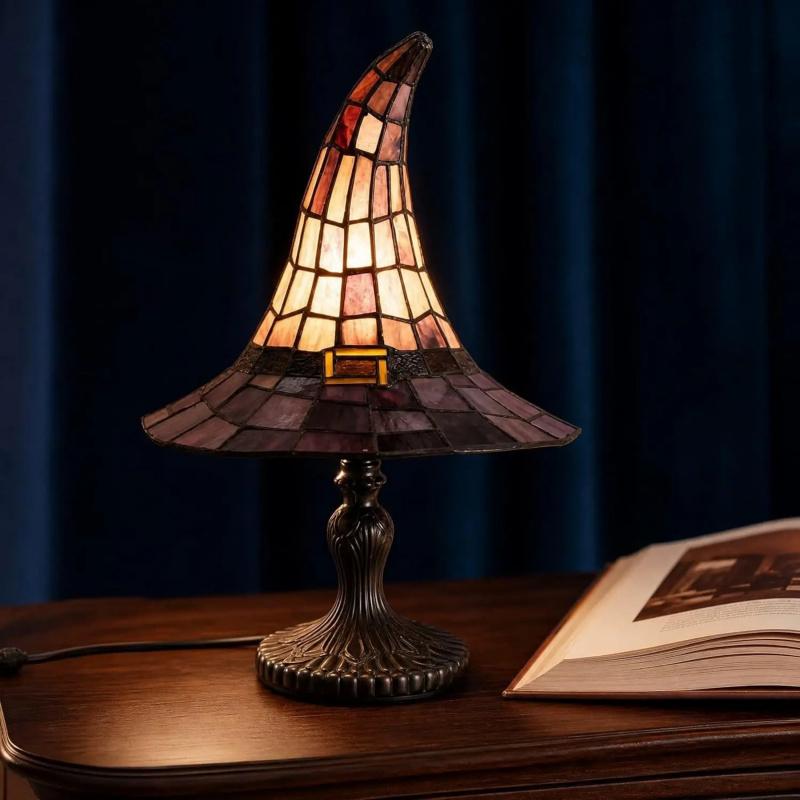 Colorful Glass Witch Hat Lamp, Handmade Vintage Resin Witch Light, USB Powered Magic Gothic Wizard Hat Nightlight, Spooky Halloween Home Decor Lamp, Bedroom and Bookshelf Decor Lamp, Decorative Lights