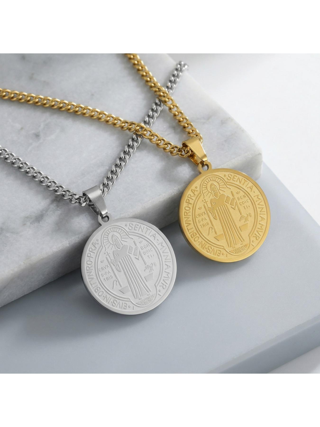 Vintage Engraved Coin Pendant Necklace, Titanium Steel Non-Tarnish Chain, Hip Hop Streetwear Jewelry