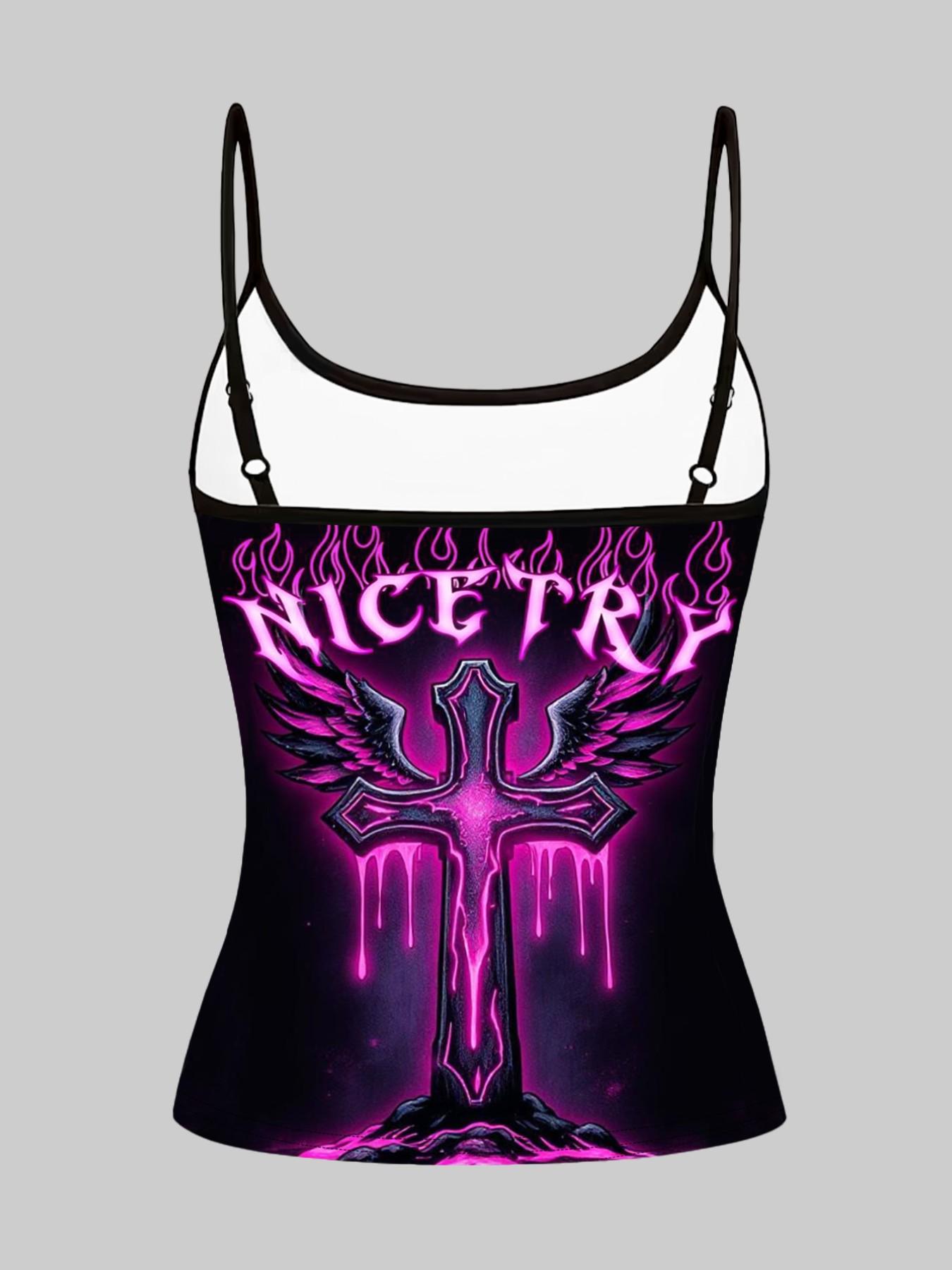 Gothic Skull Heart Cross Print Straps, Dark Sexy Slim-Fitting Top Set of Three, Casual Sleeveless Clothing for Women