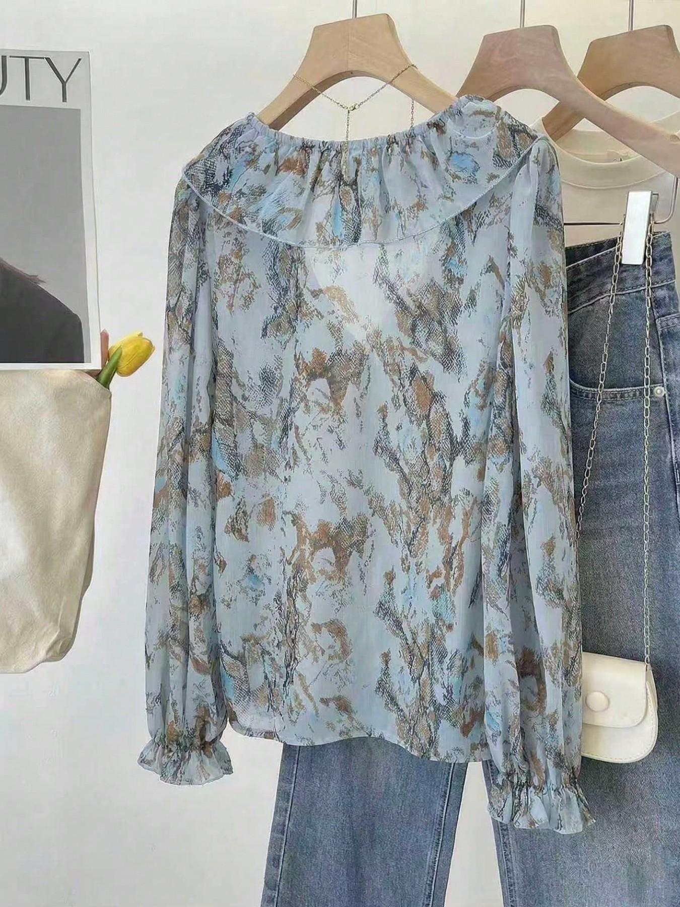 Women's Deep V Neck Snake Print Chiffon Blouse Shirts, Loose Fit Long Sleeve Top, Transparent Design, Holiday Style, Fashionable Women's Clothing