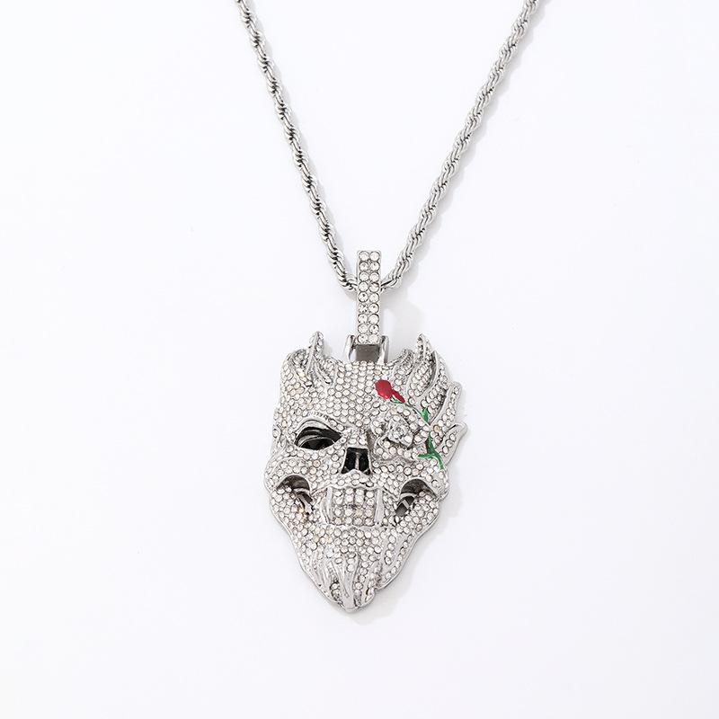 Halloween Skull Hip Hop Necklace Exaggerated Diamond Pendant Cuban Chain Trendy Personalized Accessory for Men Women Gothic Jewelry Gift