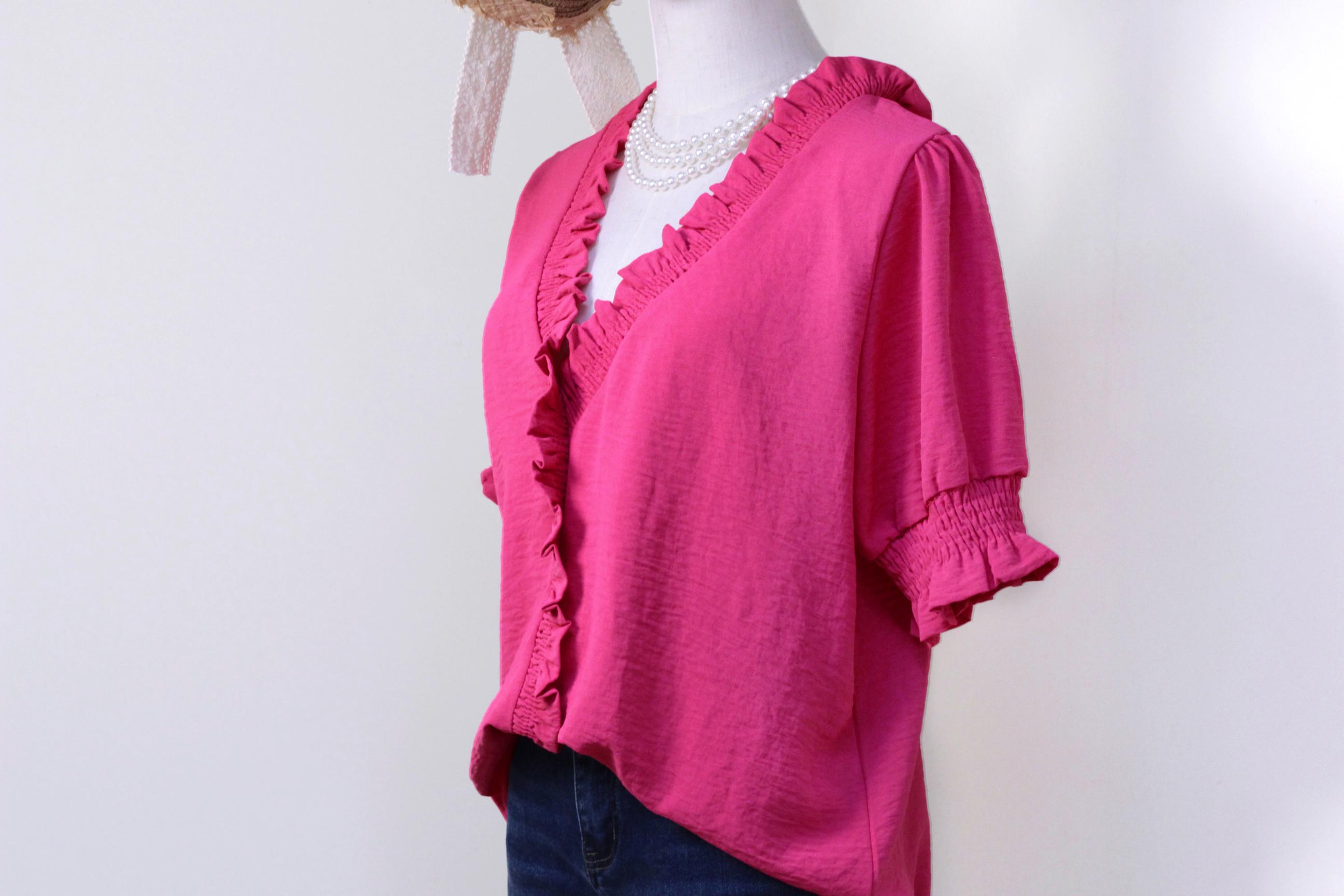 SageVell Ruffle Trim V - Neck Bright Pink Blouse, Smocked Cuffs & Front, Soft Textured Fabric, Chic Casual Style, Cute Basic Tops for Women Cotton Shirts Office Outfits Women Womenswear Shortsleeve Medium Fitted SpringStatements SageVell Ruffle Trim V - Neck Bright Pink Blouse, Smocked Cuffs & Front, Soft Textured Fabric, Chic Casual Style, Cute Basic Tops for Women Cotton Shirts Office Outfits Women Womenswear Shortsleeve Medium Fitted SpringStatements