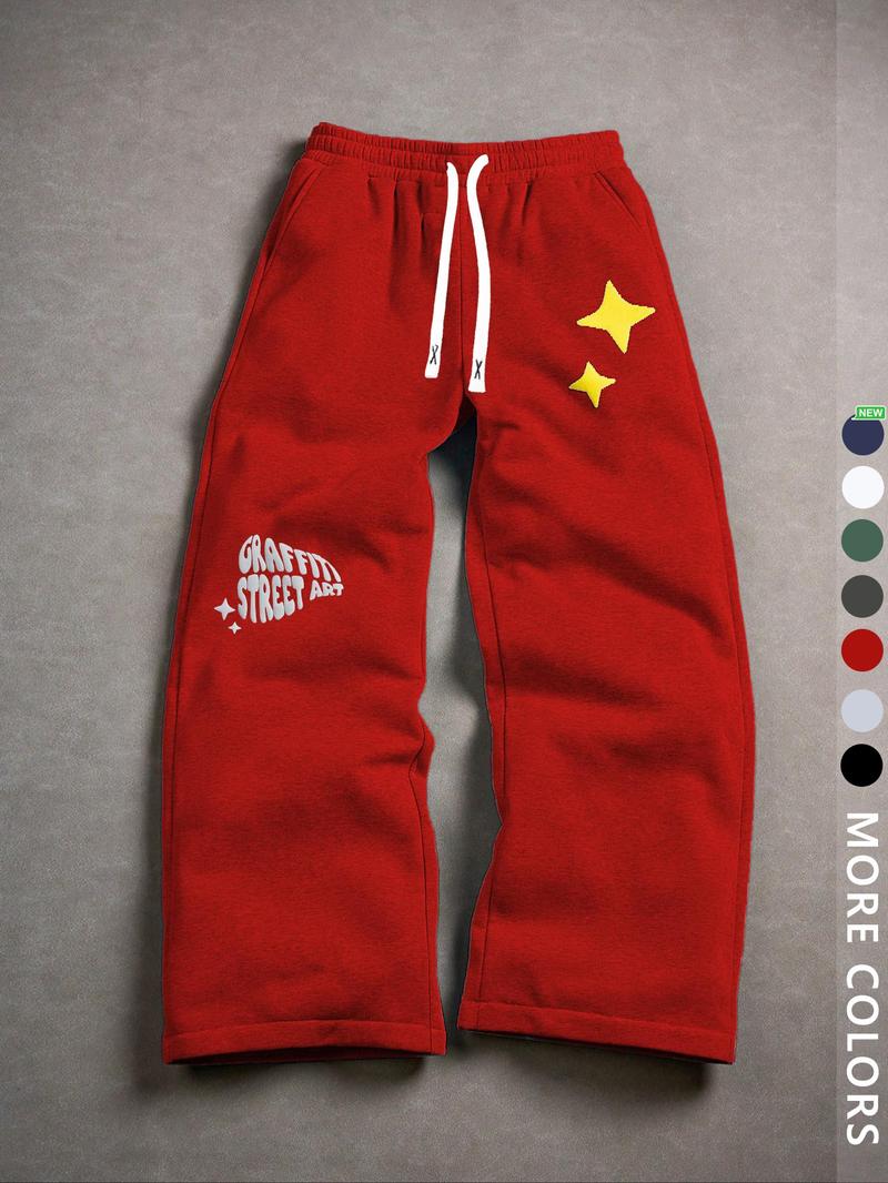 Unisex Street Style Jogger Pants, Hip-Hop Letters & Stars Print, Loose Straight Fit, Fall&winter, Casual Rock Skateboarding