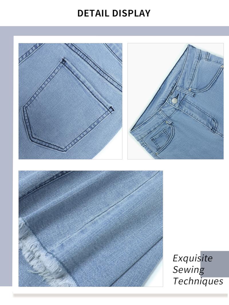 Women's Bell Bottom Flare Jeans Mid Rise Denim Pants Destroyed Raw Hem Denim Pants