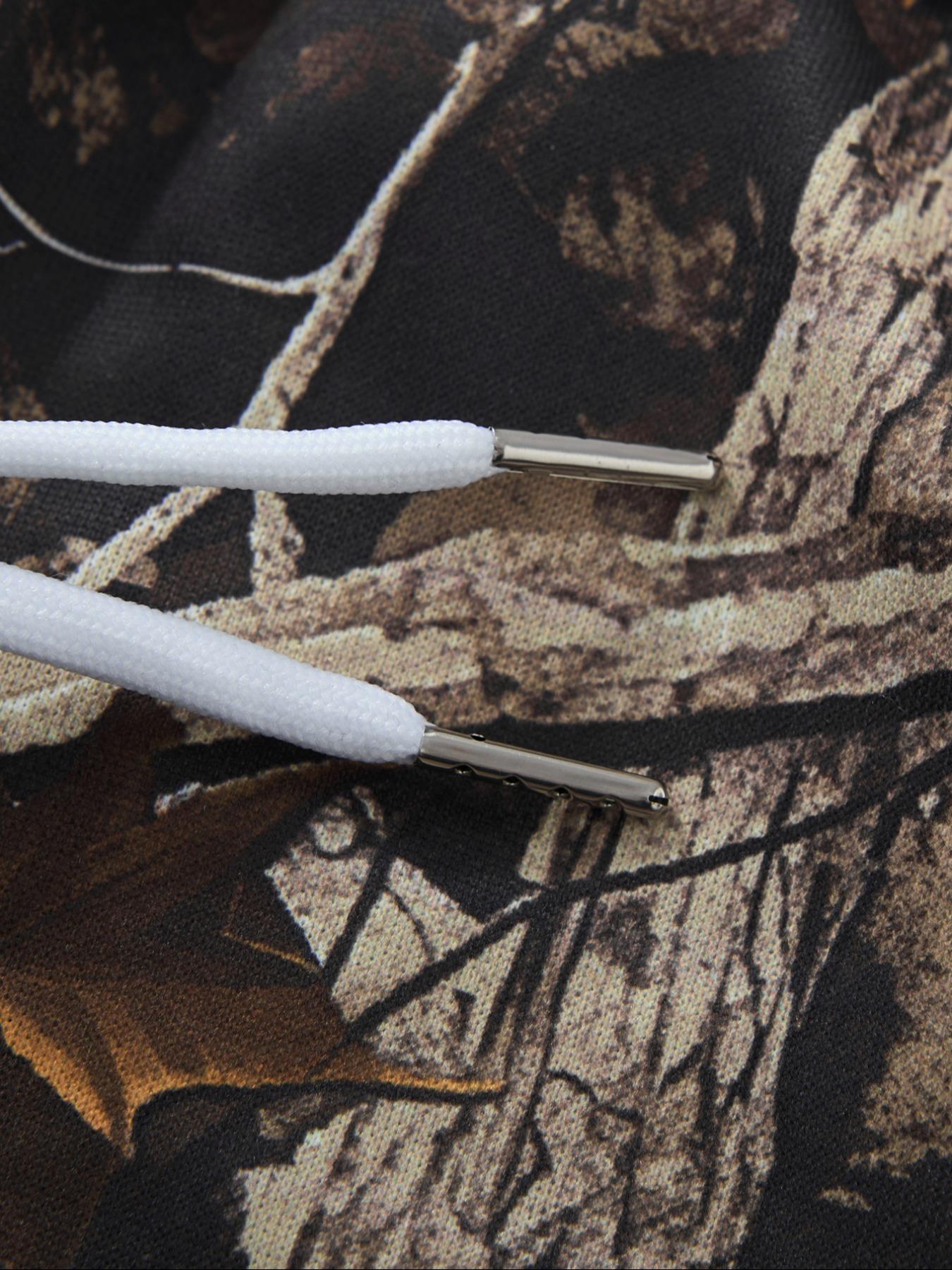 Men's Fashion Street Vintage Camo 2-Piece Set, Letter Print Short Sleeve T-Shirt & Leaf Camo Wide Leg Pants, Outdoor Adventure/street Style