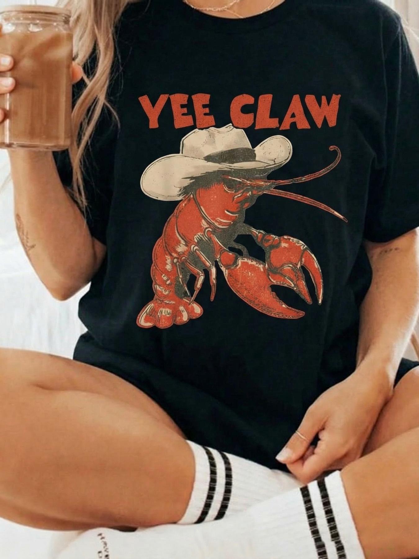 Cowboy Crawfish Vintage Oversized Graphic T-Shirt Beachwear Summer Vacation Western Style Funny Lobster Tee Casual Streetwear Coastal Aesthetic Soft Trendy Outfit Women Holiday Fashion Cute Graphic Tee Comfortable Loose Fit Summer Top Beach Outfit Street