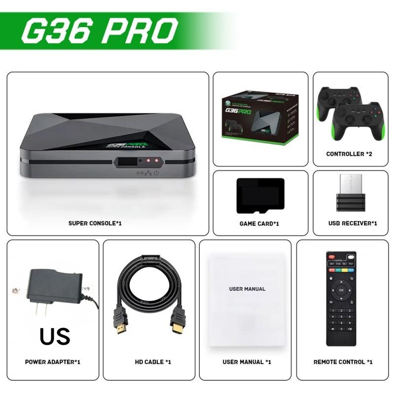 G36 PRO gaming console set-top box with 4K dual-system wireless function. G36PRO home gaming console with 64G memory. Completely upgraded retro gaming console.