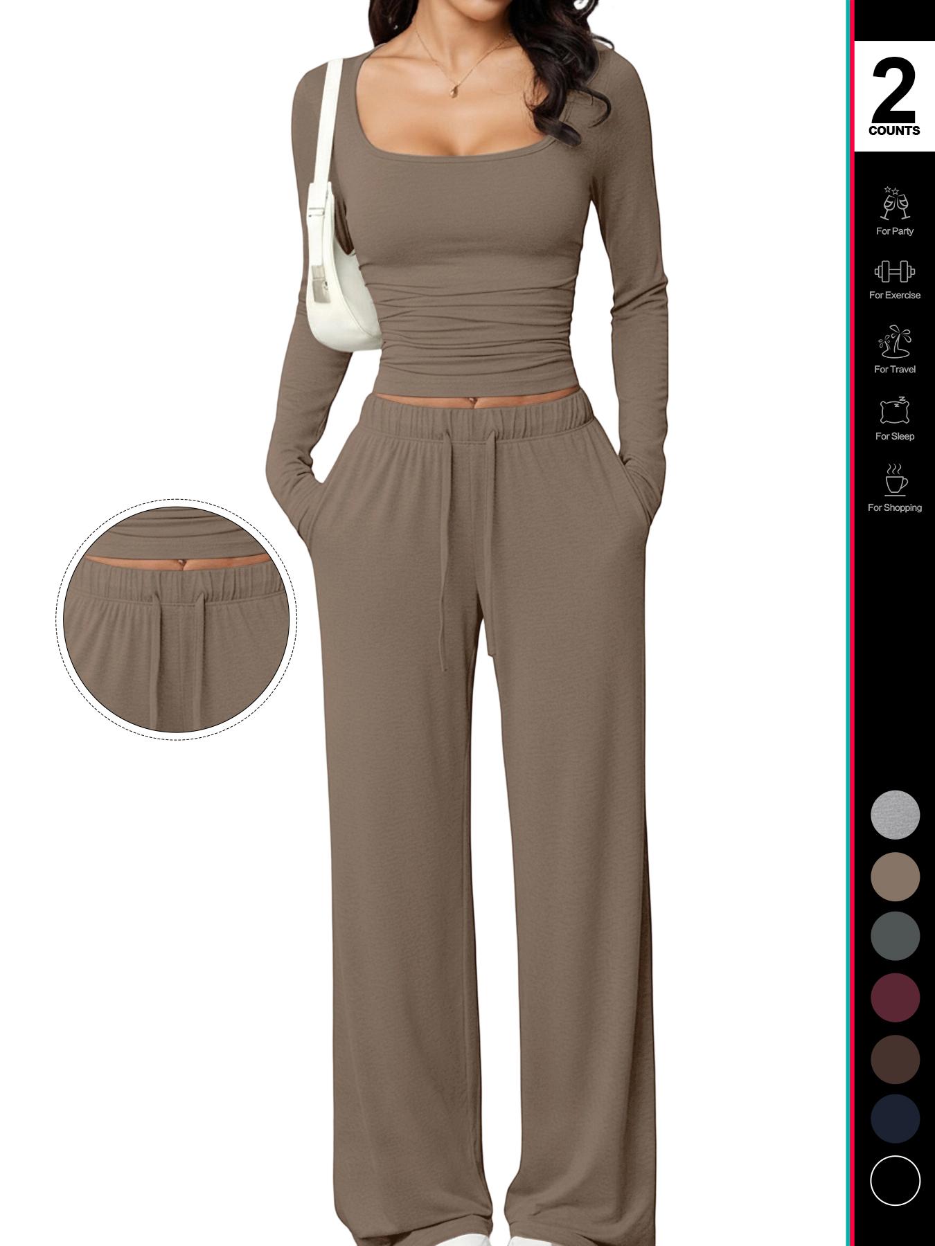 2026 Women's 2 Piece Matching Lounge Set, Square Neck Long Sleeve Crop Top, High Waisted Wide Leg Drawstring Pants, Casual Sweatsuit