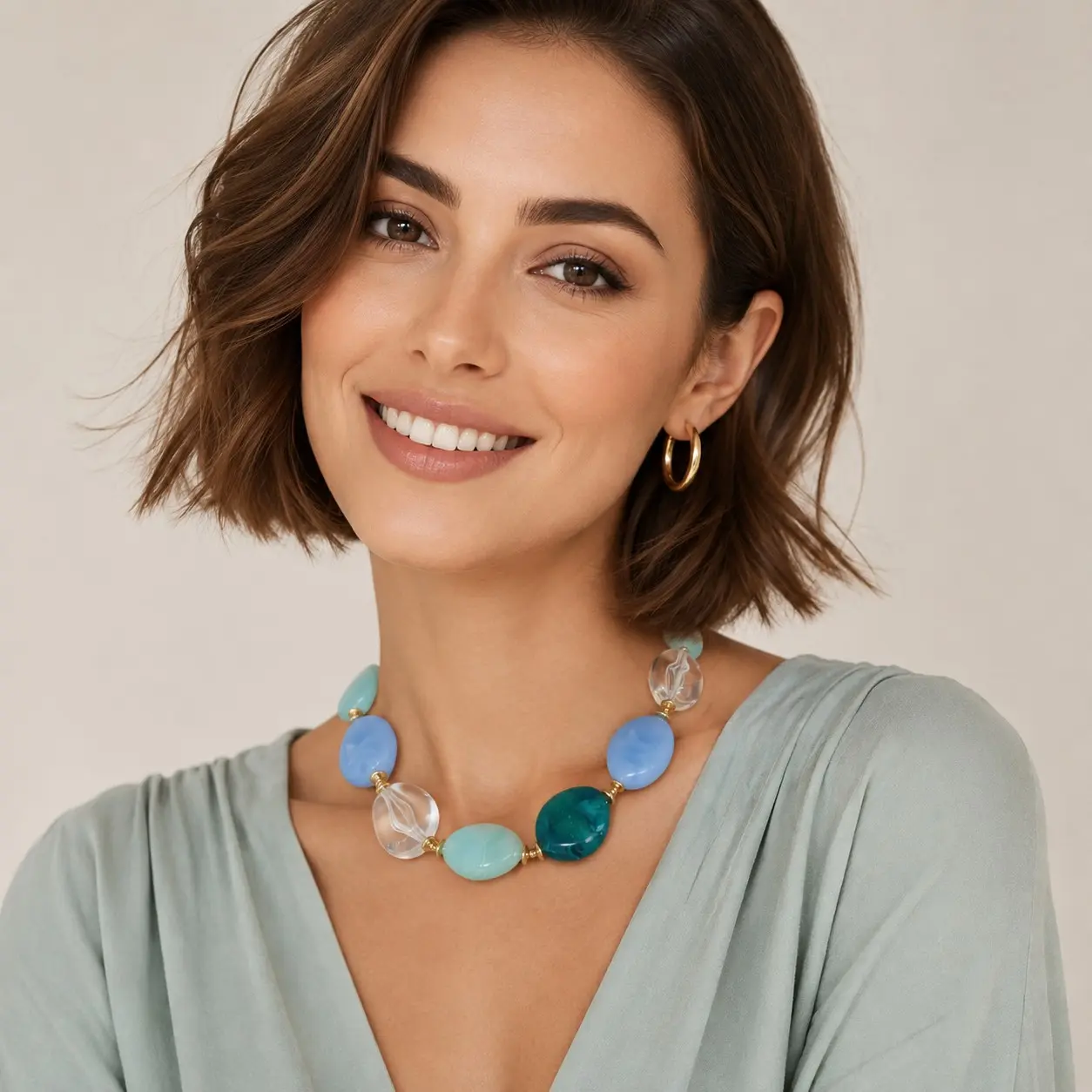Women’s Chunky Resin Bead Necklace - Blue-Green Multicolor, Geometric, Retro Statement Costume Fashion Jewelry Accessory