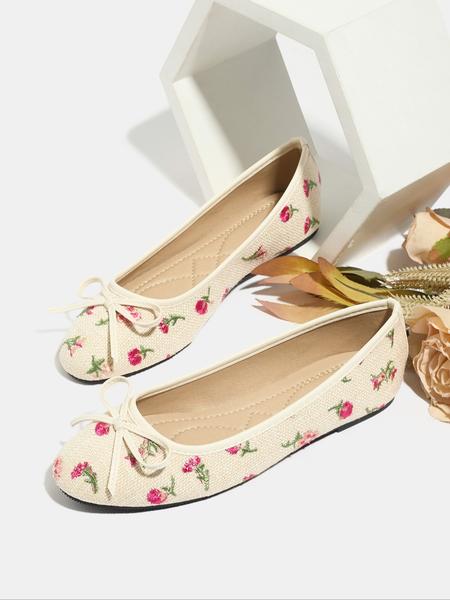 Women's Bowknot Woven Slip-On Ballet Flats, Round Toe Low Heel Embroidered Floral Design, Fashionable Autumn Winter Single Shoes