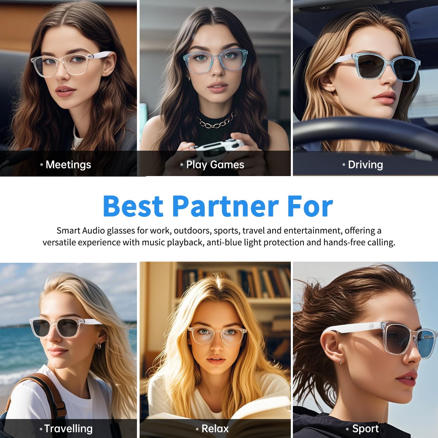 VUB smart translation glasses feature automatically adjusting polarized lenses, a built-in speaker, microphone, and blue light blocking, allowing users to listen to music and make phone calls.