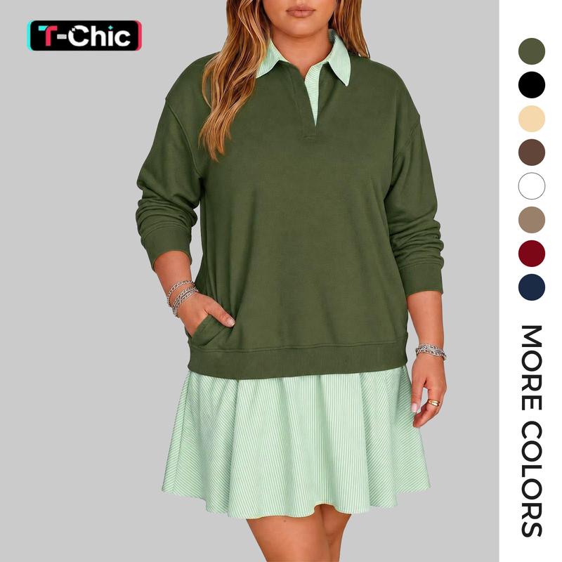Tankaneo Women's Plus Size Cotton Blend Knitting Casual Sweatshirt Dress - Long Sleeve, V Neck, Collared, Oversized Fit, Loose, Flowy, Pullover, Casual Wear Mini Dress