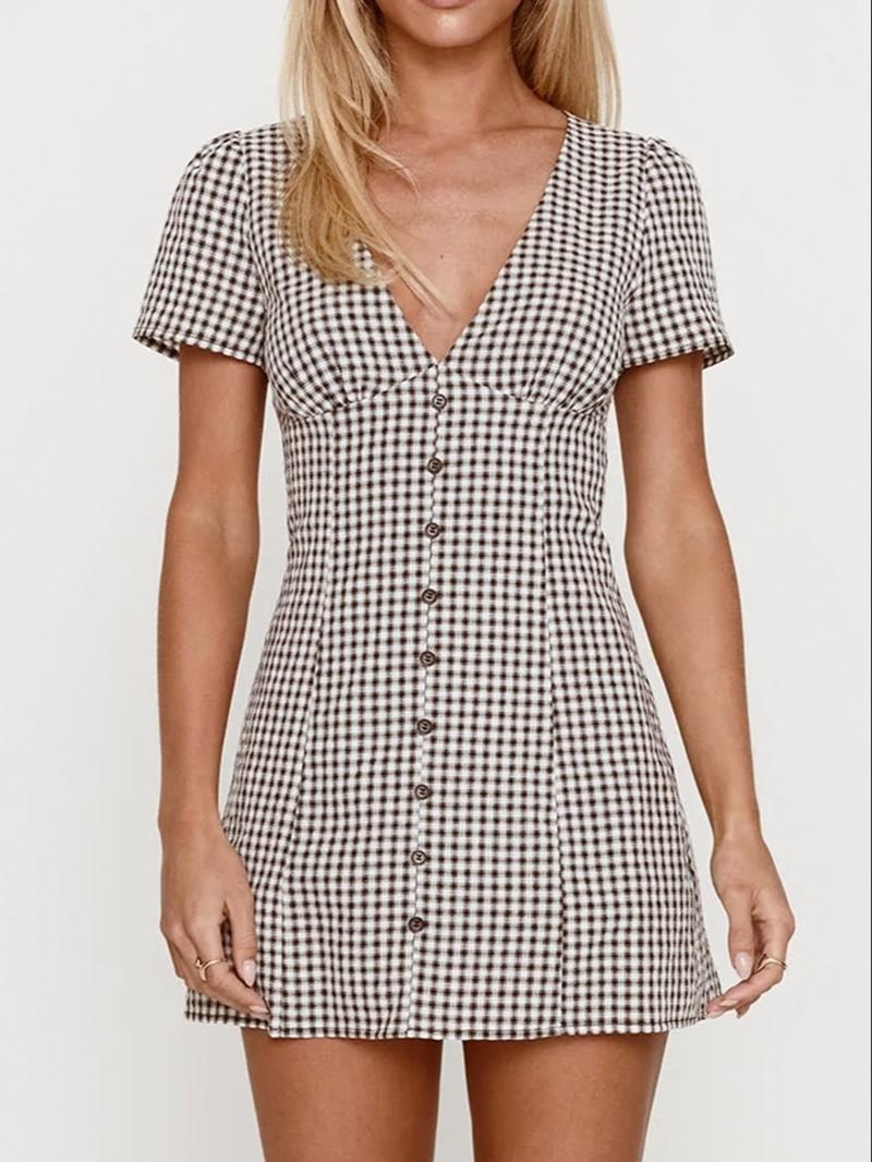 Women's Plaid Print Button Decor V Neck Dress Casual Fashion Short Sleeve Dress for Daily Outdoor Wear Ladies Clothes for All Seasons Sexy Shirt Mini Dress