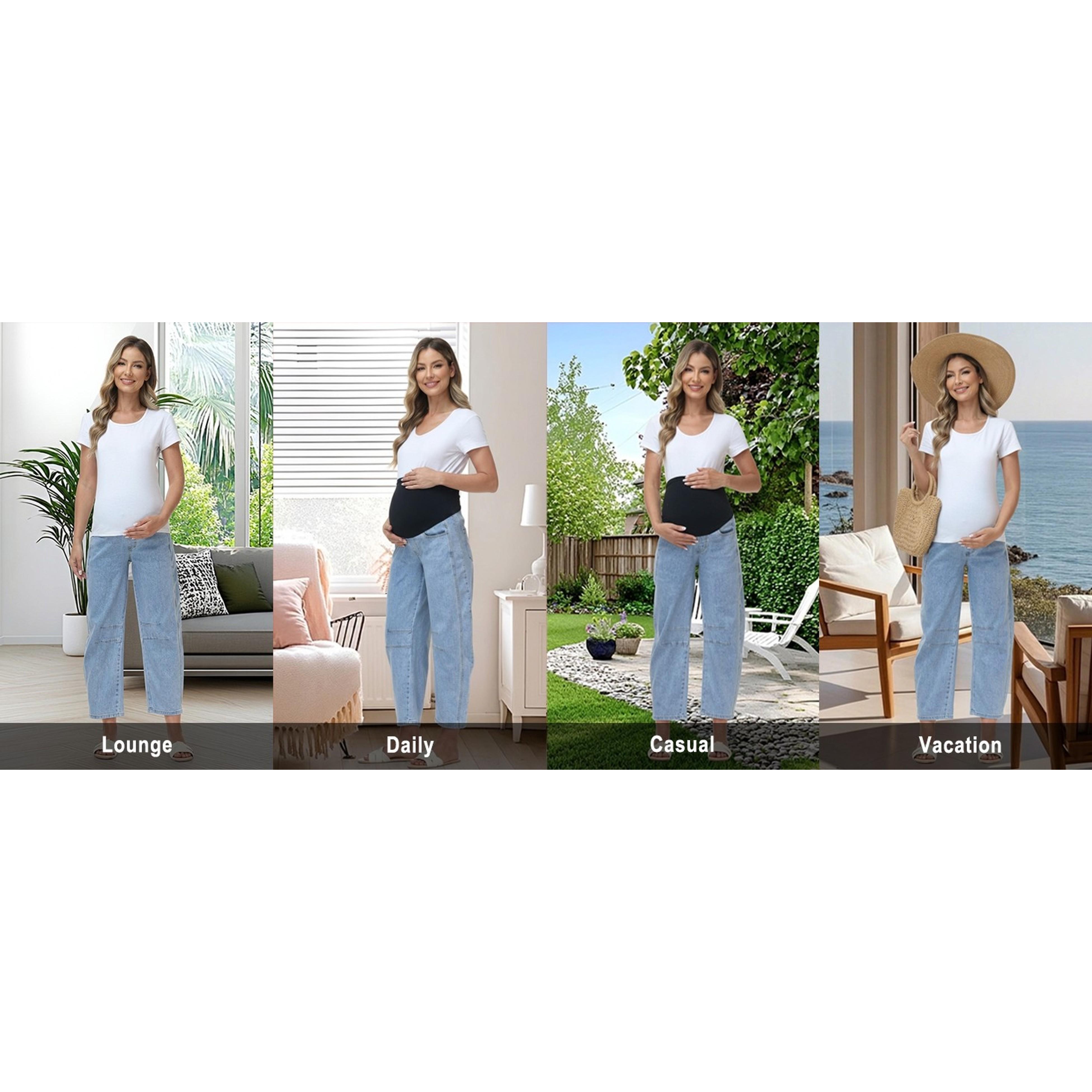 Maternity Barrel Jeans Wide Leg Denim Pants | Over Belly, Comfy Stretchy Fabric, Basic Pockets, Baggy Loose Jeans, Pregnancy Work Casual Pants, Maternity Clothes