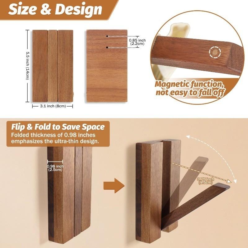 Magnetic Foldable Wooden Wall Hooks, Hidden Acacia Wood Coat Hooks, Flip Down Hooks for Coats, Bags, Hats, Towels