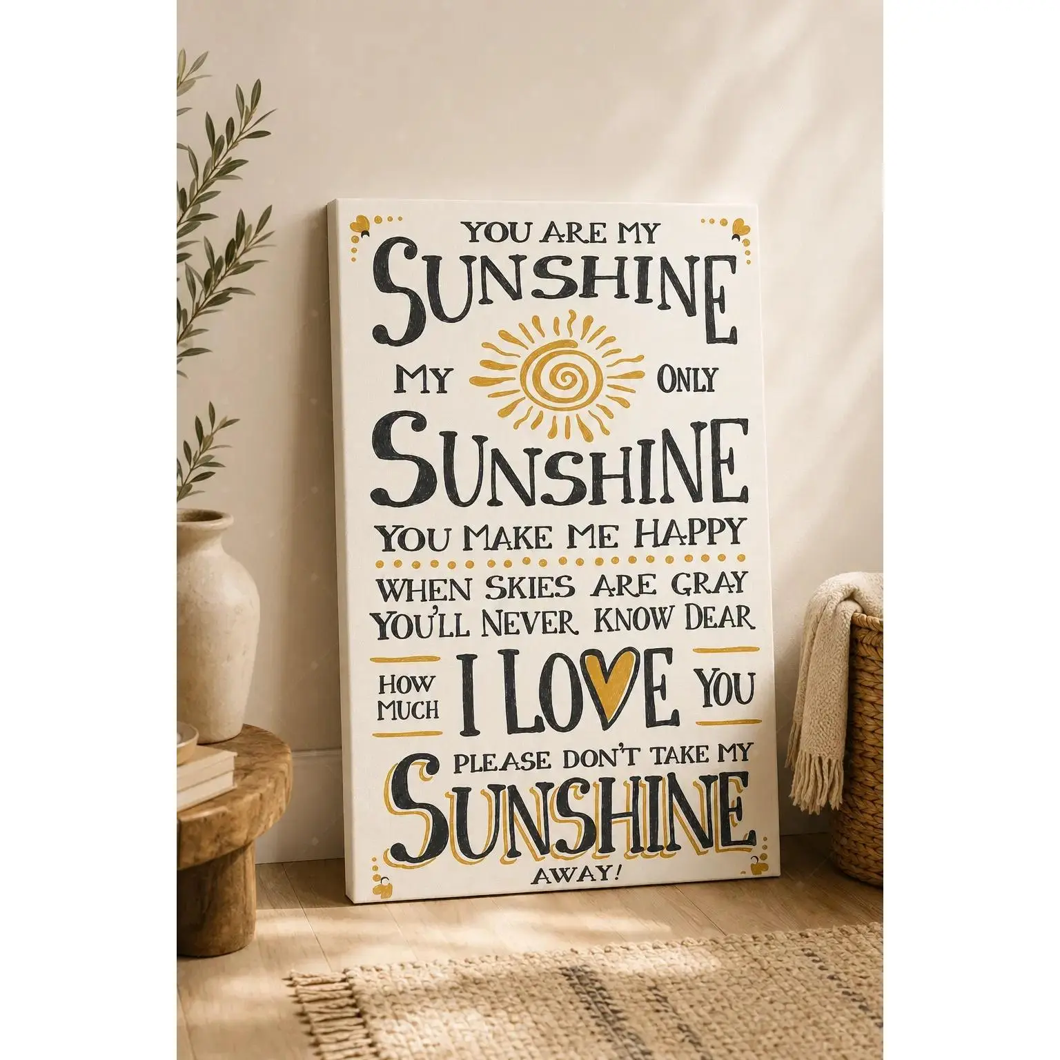 Sunshine Love Quote Poster, Black Gold and Cream Romantic Typography Wall Decor, Heart and Sun Graphic Artwork for Living Room, Bedroom, Couple’s Room, Nursery, Entryway, Farmhouse Home, Anniversary and Valentine Gift