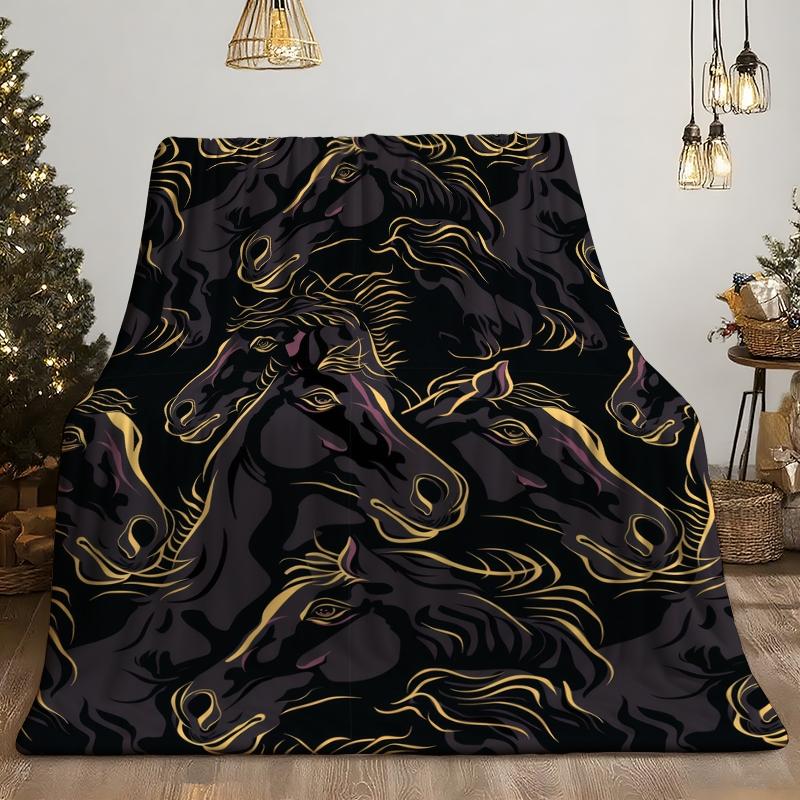 1Pc Design Black gold horse head picture Graphic Digitally Printed Flannel Blanket - 100 Polyester Flannel Digitally Printed Nonwoven Lightweight and comfortable in all seasons