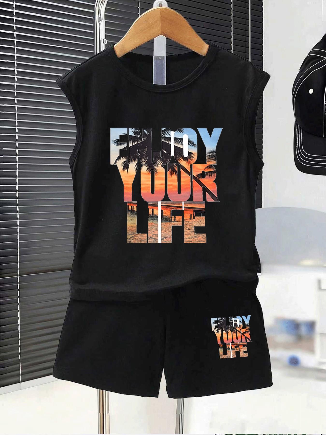 Summer Boys' Sleeveless Tank Top + Shorts Set, 'enjoy Your Life' Print ...